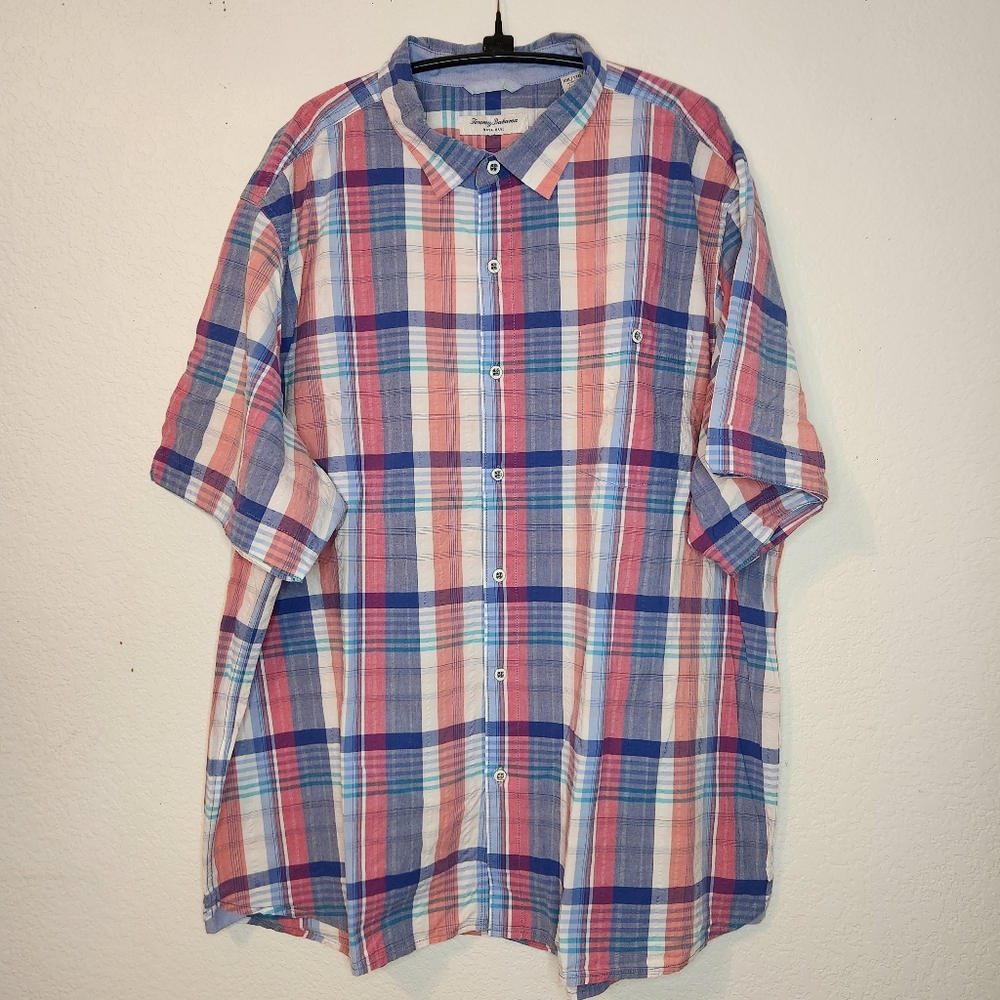 Tommy Bahama Nova Wave Men's Plaid Button-Up Shirt - Blue & Light Red, Size XXL